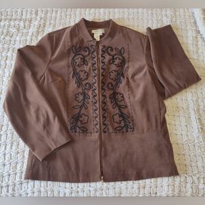 Coldwater Creek Women's Long Sleeve Blazer Brown Size 18W Suede Like Embroidered